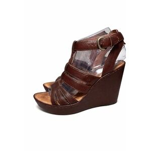 Børn Brown Leather Strappy Wedge Sandals Womens 8 EU 39 Buckle Comfort Shoes